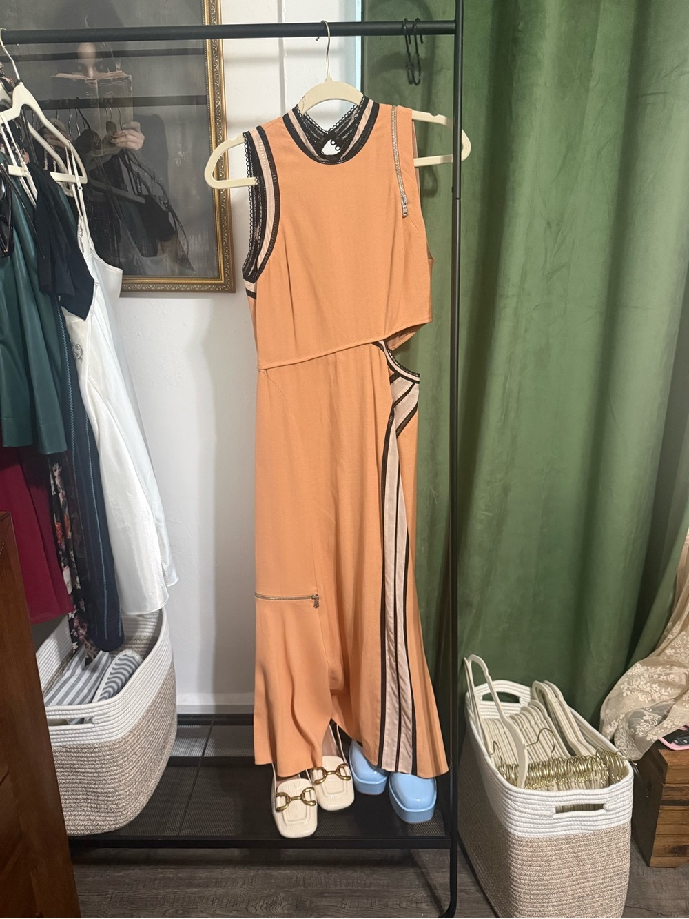 RARE 3.1 Phillip Lim Peach Asymmetrical Sleeveless Dress with Black & Cream Trim